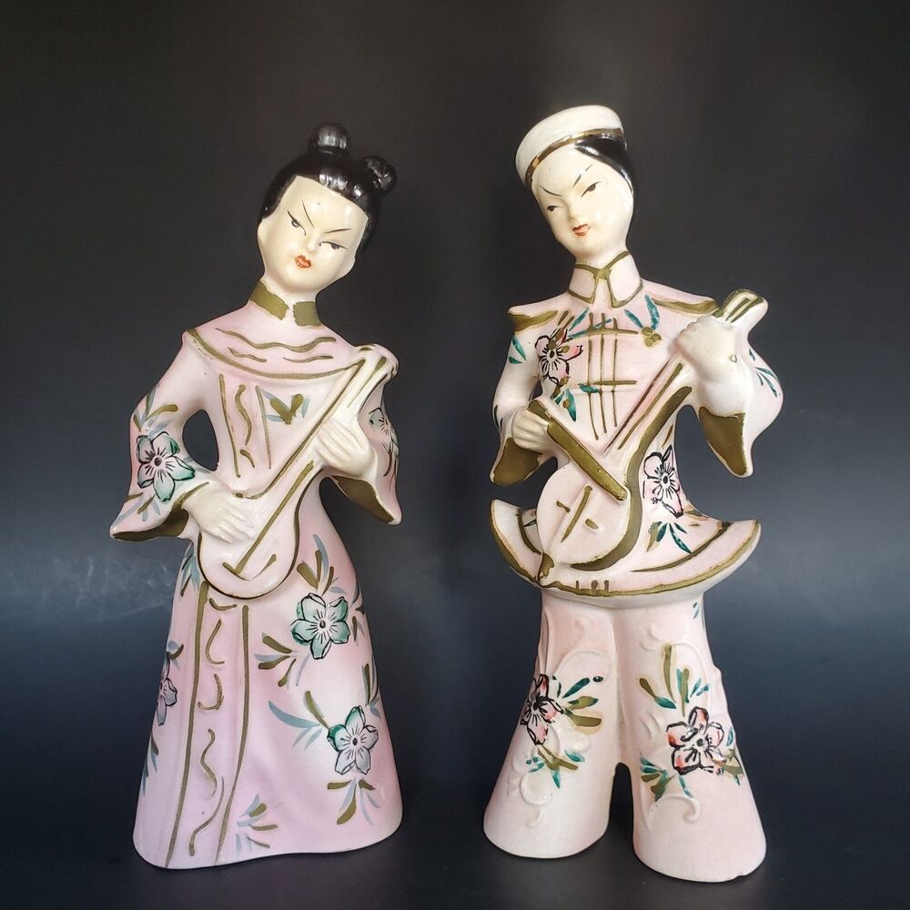 50s Japanese Asian Couple Geisha Girl & Boy Midcentury Oriental Musicians Kitsch
